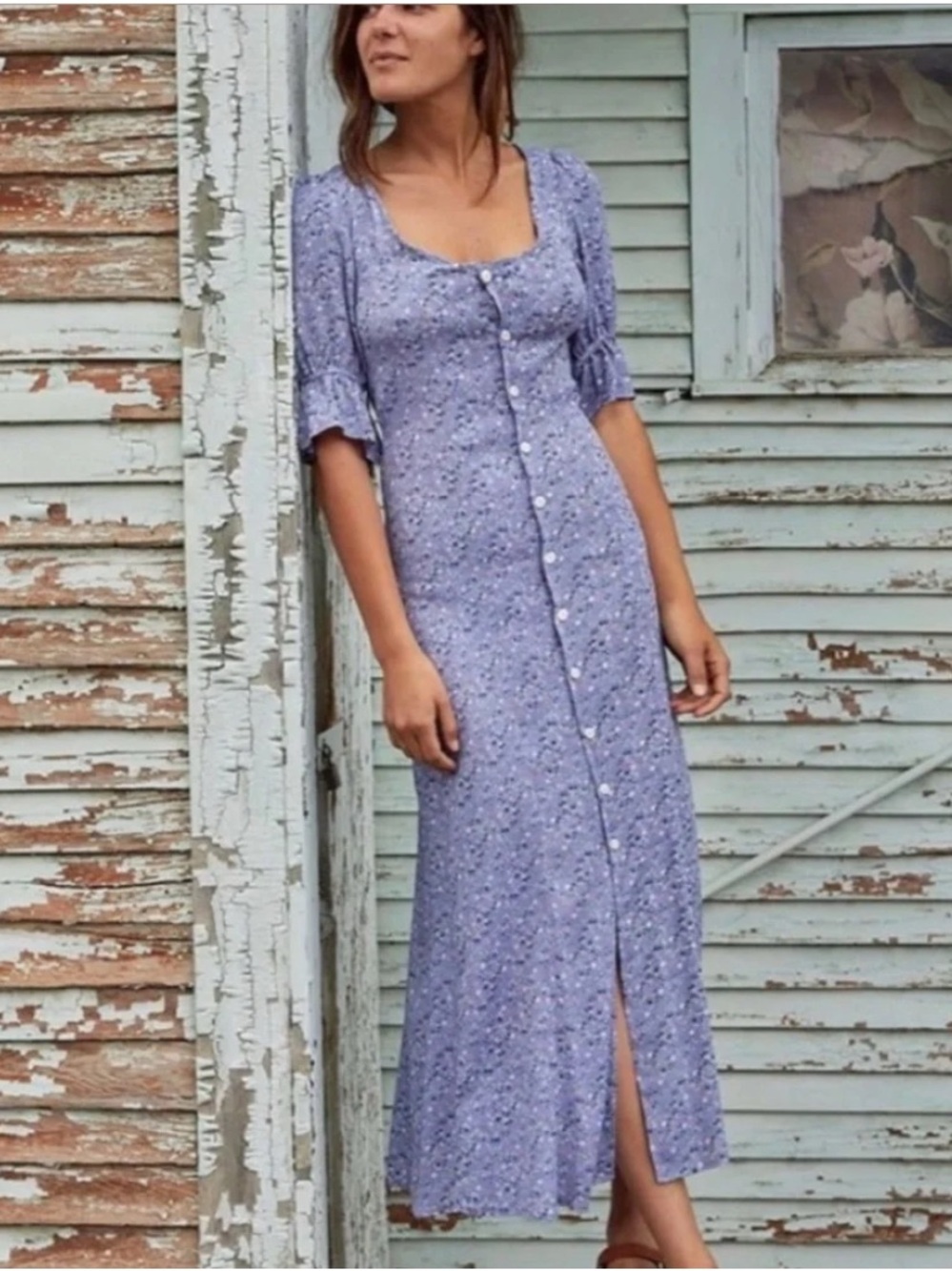 CHRISTY DAWN Lennon Dress in Blue Button-Front Midi Bell Sleeves